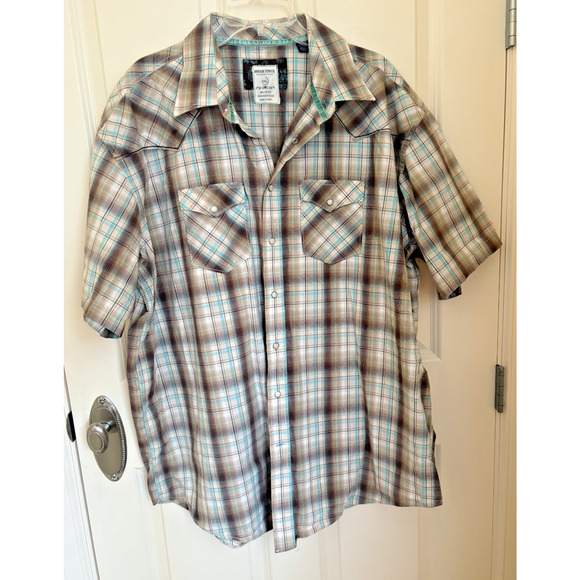 Panhandle Slim Rough Stock Shirt Men XXL Brown Blue Plaid Pearl Snap Embroiderd - Picture 1 of 5